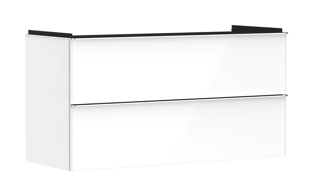 Hochglänzender, weißer Unterschrank von Hansgrohe mit zwei Schubkästen. Schlichte Gestaltung, geeignet für einen Waschtisch.